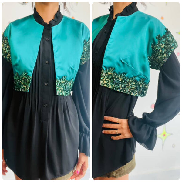 Vintage 40s Green Satin Sequined Cropped Bolero – Circus Costume Jacket – XS