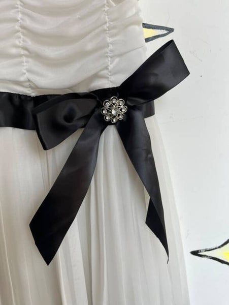 Y2K Ruched White & Black Bow Coquette Babydoll Mini Dress Flapper Fairycore XS-S