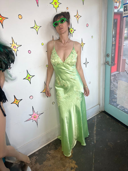 Y2K Pastel Green Satin Beaded Formal Gown Niki Livas Fairycore Prom S