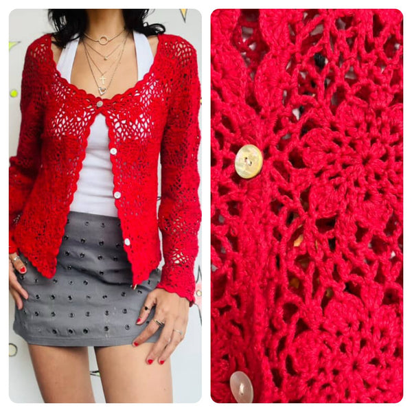 Vintage 90s Y2K Gold Crochet Fairy Grunge Boho Duster Robe Sweater – 14/16