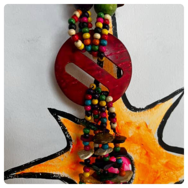 Vintage Boho Rainbow Wood & Coconut Shell Statement Necklace - Chunky Earthy