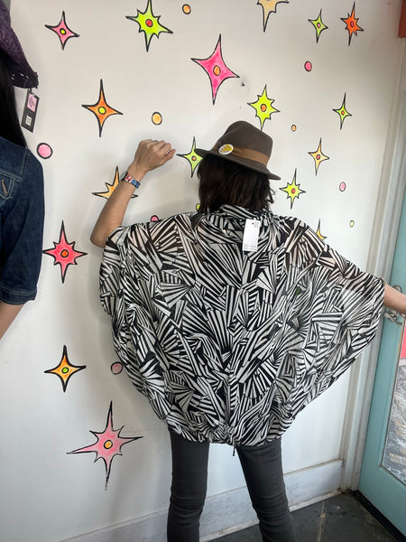 Nicole Miller Sheer Op Art Blouse Avant Garde Black White Statement Top Y2K L