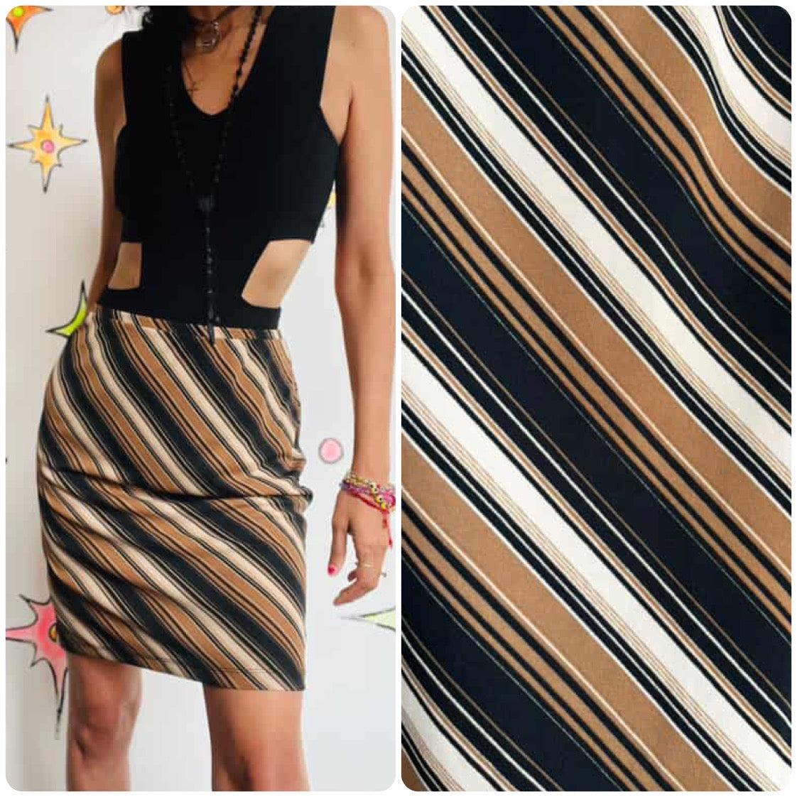 Vintage EXPRESS Slinky Mocha & Black Diagonal Stripe A-Line Skirt | 90s Y2K | S
