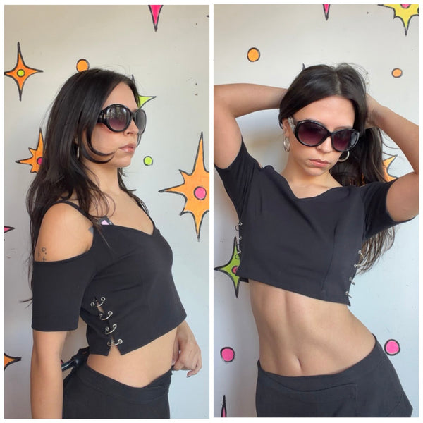 Y2K Black Goth Lace-Up Side Crop Top Emo Punk Grunge Fairy Mall Goth Tee S/M