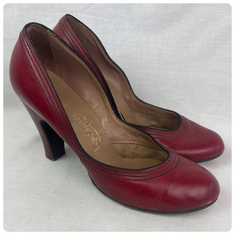 Vintage 50s Cherry Red Leather Pumps - Old Hollywood Glam Shoes - Size 8.5-9