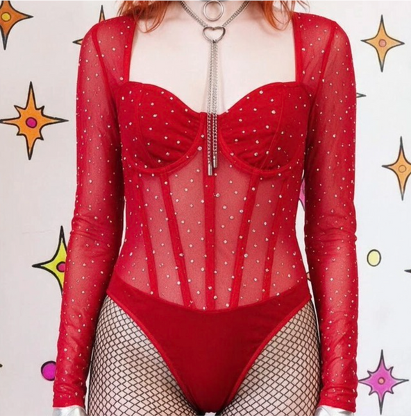 Red Devil Goth Teddy Bodysuit ' Sparkly Mesh Long Sleeve Vampire Lingerie
