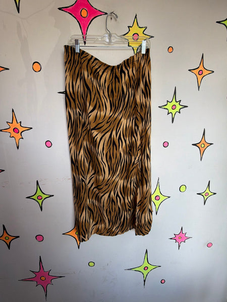 Vintage 80s 90s Tiger Print Maxi Skirt | Animal Print Boho Grunge | Size L