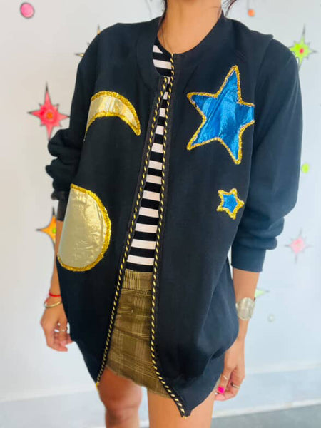 Vintage 80s Black Embellished Celestial Witchy Stars Moons Sweater L XL