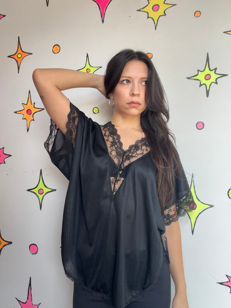 Vintage 70s 80s Black Nylon Lingerie Blouse Boudoir Goth Romantic Layering Top L