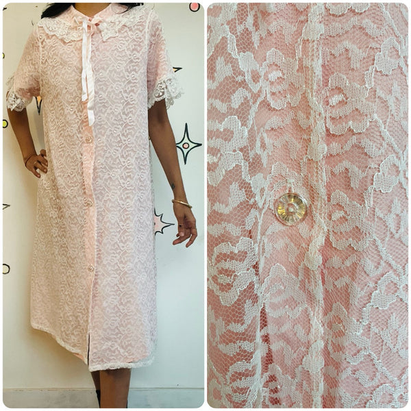 Vintage White Lace Pink Robe Victorian Romantic Babydoll Pegnoir Bed Jacket S/M