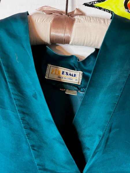 Vintage Teal Silk Embroidered Kimono Robe | Dragon Motif Grunge Lounge Wear | M