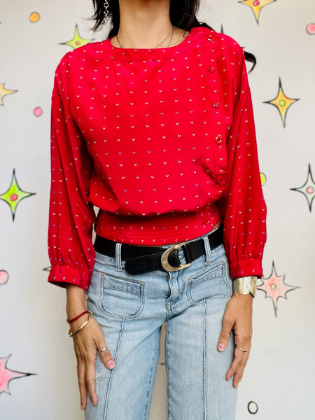 Vintage 80s Pink Rainbow Polka Dot Hearts Blouse | Academia Office Charm Top | S