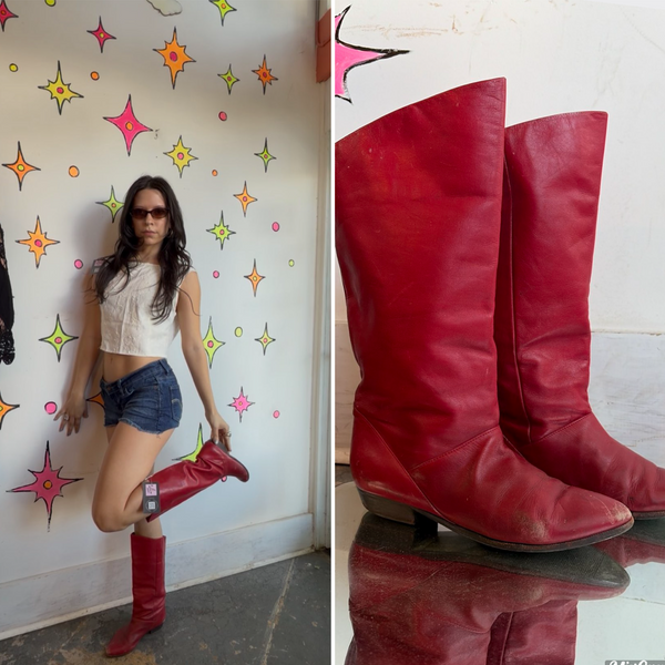 Vintage 80s Cherry Red Leather Boots Classic Riding Western Boots Rocker Glam 7