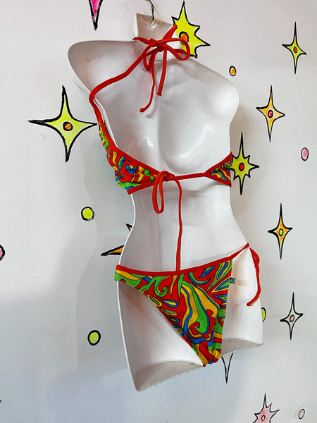 Vintage Retro 60s Style Groovy Rainbow MOD Psychedelic Bikini Swimsuit - Small