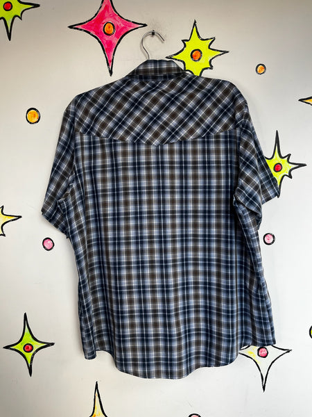 Vintage Blue Plaid Men's Western Lighweight Cotton Pearl Snap Shirt - Size L