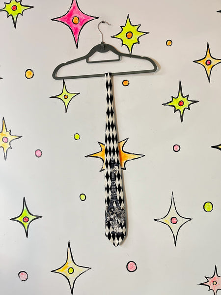 Vintage 90s Looney Tunes Paris Silk Tie – Black & White Harlequin Print Necktie