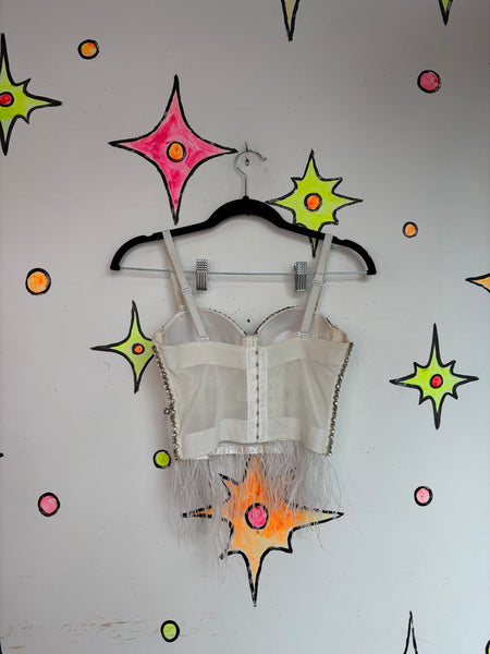 White Rhinestone Mesh Bustier Crop Top Ostrich Feather Trim Glam Baddie S