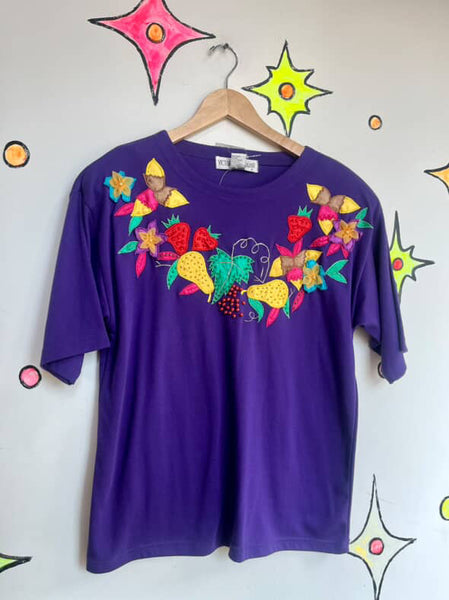 Vintage 80s Embellished Sequin Fruit Tee Deadstock Art Wear Statement Shirt - M