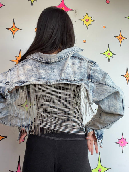 Acid Wash Cropped Denim Jacket | Y2K Bling Western Grunge Jean Jacket Small