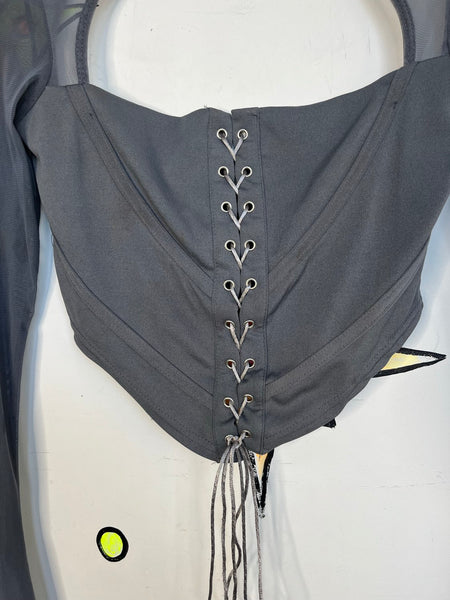 Grey Corset Top Sheer Bell Sleeves – Y2K Rave Medieval Fairy Grunge Castlecore M
