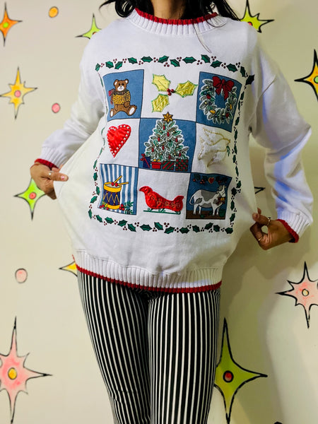 Vintage 80s 90s Tacky Ugly Christmas Patchwork Sweater – Holiday Party - M/L