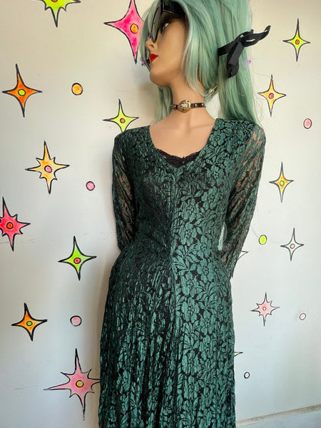 Vintage 90s Green Gauzy Lace Goth Dress Whimsy Goth Witchy Boho L