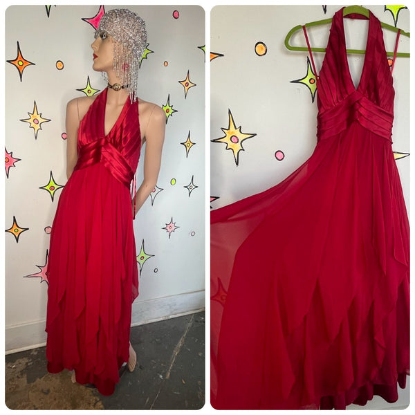 Y2K Red Silk Halter Fairy Princess Prom Dress Silk Halter Gown BCBG Max Azria XS