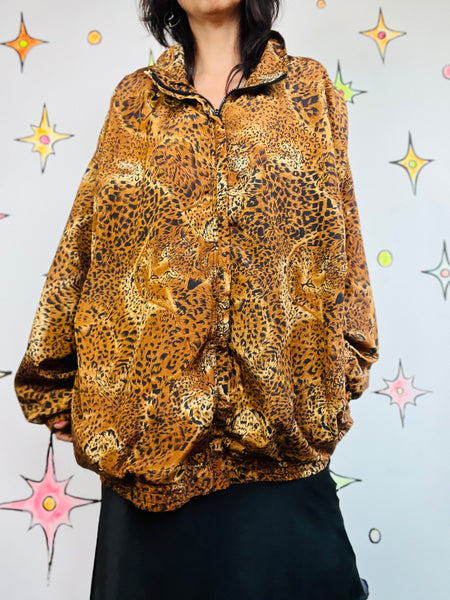 Vintage 80s 90s Leopard Print Mob Wife Windbreaker Bomber Jacket Oversized XL+