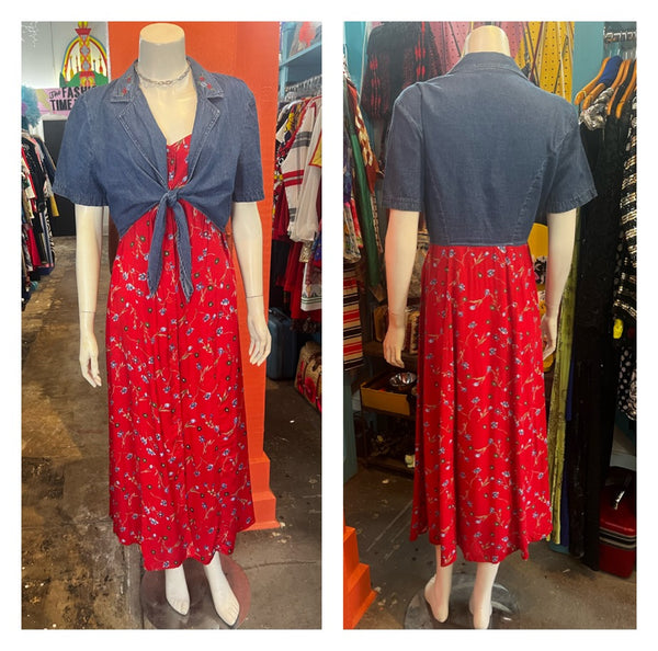Vintage 90s | Denim and Red Floral Button Down Cotton Grunge Dress | Size M 8