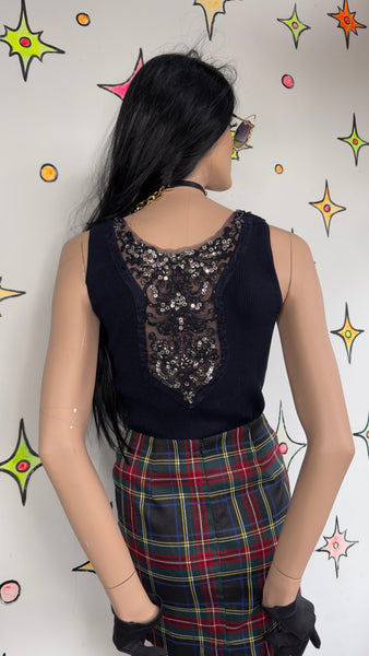 Y2K Beaded Ribbed Top Navy Blue Sequin Fairy Grunge Glam 2000s Party top - S/M