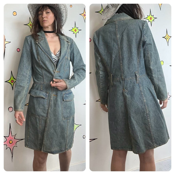 Vintage 2000s Utility Denim Trench Coat - 90s/00s Biker Western Grunge - Size M