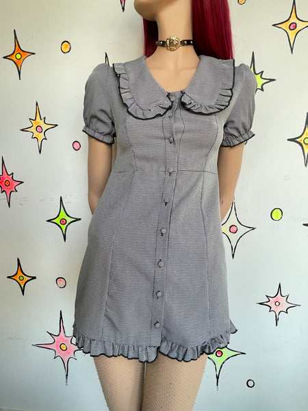 Houndstooth Babydoll Mini Dress Big Collar Preppy Dark Academia Mall Goth S