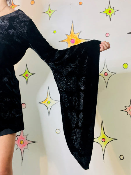 Black Velvet Hooded Goth Mini Dress | Bell Sleeves Witchy Dress | S/M