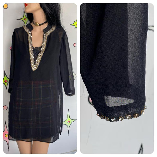 Y2K Sheer Black Rhinestone Top Witchy Boho Y2K Glam Tunic - Medium