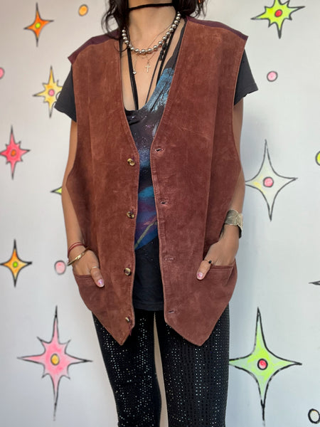 Vintage Brown Suede Leather Oversized Vest – Rocker Grunge Western Boho - XL