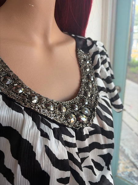 Y2K Zebra Print Bubble Hem Top McBling Glam Animal Print Party Blouse M