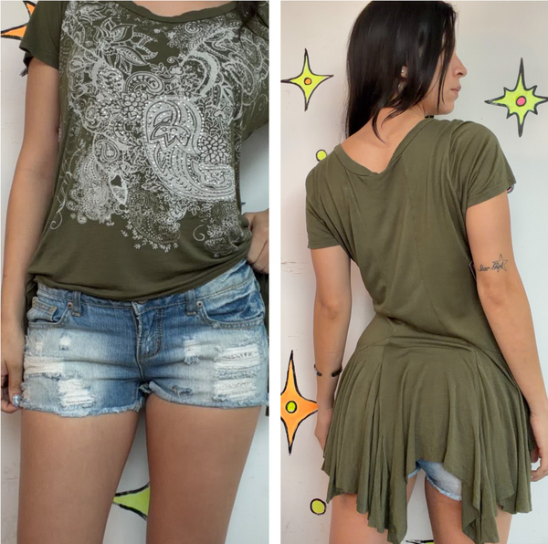 Y2K Fairy Goth Tattoo Graphic Tee Sage Green Asymmetrical Hem Grunge S/M