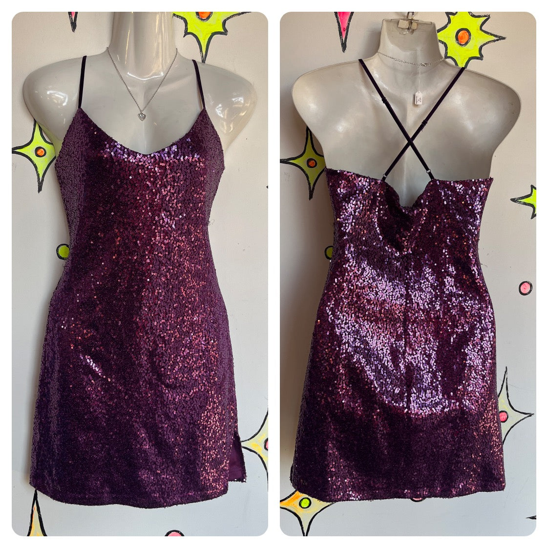 Vintage 90s Y2K | Betsey Johnson Purple Sequin Mini Slip Dress Cocktail Prom | S