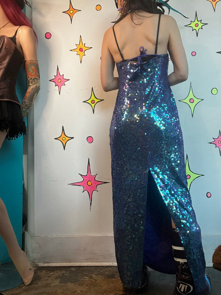 80s 90s Sparkling Blue Mermaid Gown Evening Dress Formal Prom Party Dress | ML
