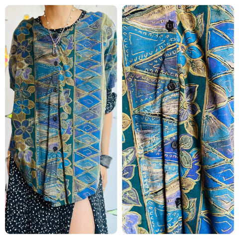 Vintage 90s Abstract Art Patterned Grunge Goth Blouse - Boho - Rayon - Oversized