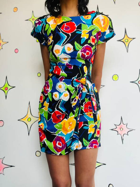 Vintage 80s Rainbow Abstract Art Wear Wrap Dress Boho Grunge w Shoulder Pads 5/6