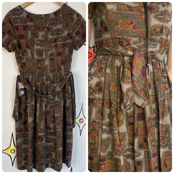 Vintage 50s Earth Tone Tiki Mid Century Art Print Fit & Flare Cotton Dress - S