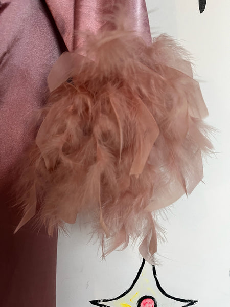 Vintage Pink Satin Feather Trim Boudoir Robe – Old Hollywood Glam Lingerie – M