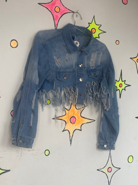 Y2K Rhinestone Cropped Fringe Denim Jacket Thrashed Indie Sleaze McBling M