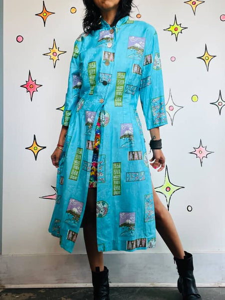 Vintage 1950s- 60s Blue Kimono Geisha Wiggle Tiki Dress - Mid Century - M/L