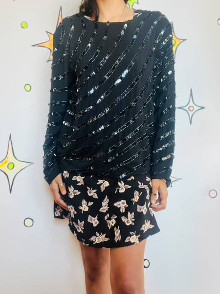 Vintage 80s 90s Black Whimsy Goth Glam Party Silk Sequin Blouse Fairy Grunge