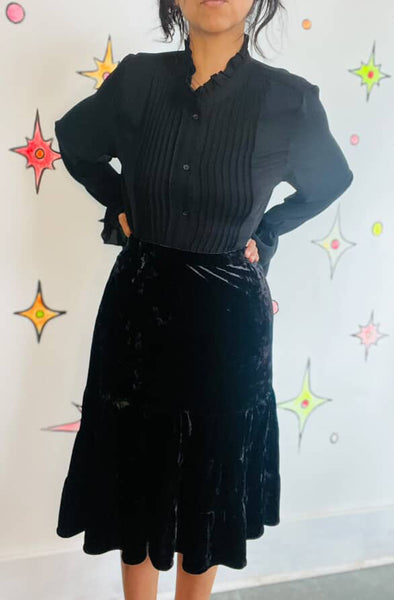 Vintage Y2K Black Crushed Velvet Tiered Midi Skirt Fairy Grunge Whimsy Goth – L