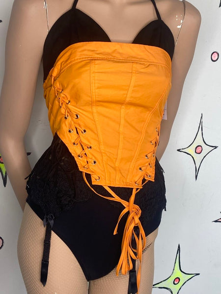Orange Corset Top Cyber Grunge Goth Lace Up Rave Neon Bustier S