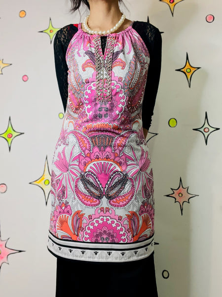 Vintage 90s Retro 60s 70s Mod GoGo Psychedelic Pink Paisley Mini Party Dress PS