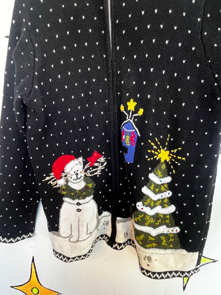 80s Quacker Factory Christmas Sweater Tacky Ugly Christmas Cat Snowman Tree M